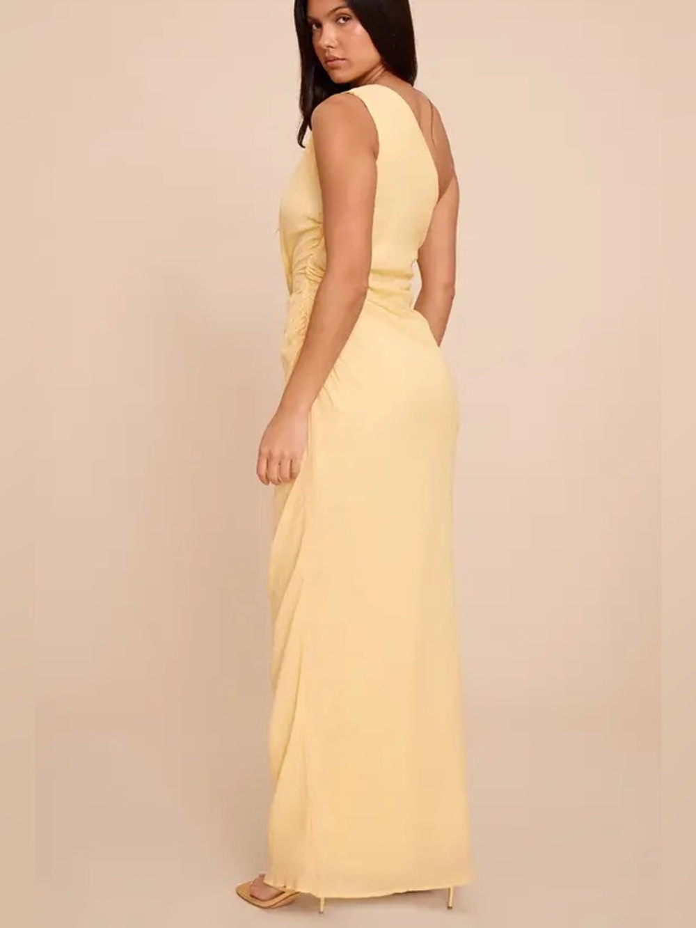 LEMON TEXTURED ONE SHOULDER RUCHED MAXI DRESS NWT - Picture 2 of 6